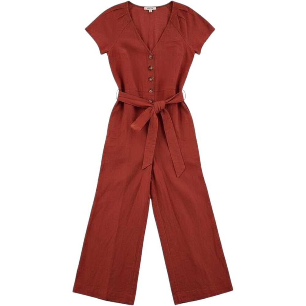 Madewell Womens Size 0 Linen Blend Button Front Tie Waist Jumpsuit Rust Red NEW